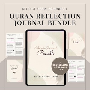 May include: A digital tablet displaying a Quran Reflection Journal Bundle. The bundle includes four journals with titles like "My Journey to Hijab" and "Surah Journal." The text "Islamic Journal Bundle" is also visible.