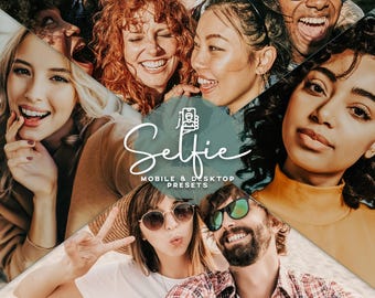 May include: A collage of smiling faces of diverse people. The image features the word "Selfie" in a script font, along with the text "Mobile & Desktop Presets". The overall theme suggests a product related to photo editing or filters.