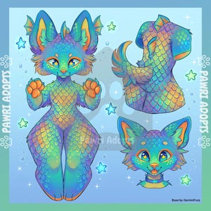 May include: A digital illustration of a vibrant fantasy creature with large ears, paws, and a scaled body. The creature is shown in three poses, set against a blue and green backdrop with star accents. The image includes the text "PAWRI ADOPTS" and "Base by GeminiFuzz".