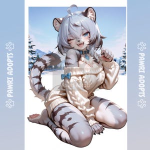 May include: An illustration of a white tiger-like character with blue eyes, wearing a cream-coloured sweater and a blue bow. The character is winking and has a tail with black stripes. The background shows a snowy landscape with trees and mountains.