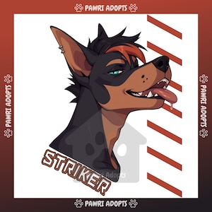 May include: Digital art of a Doberman Pinscher-like dog with black and brown fur, teal eyes, and a red and black mohawk. The dog has a tongue hanging out and the name "Striker" in a brown font. The background is white with red diagonal stripes.