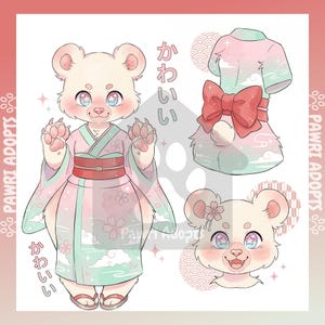 Peut inclure: Illustration d'un personnage d'ours blanc portant un kimono rose et vert avec un obi rouge. L'ours a des yeux en forme d'étoile et du texte japonais. Des images supplémentaires montrent une tenue assortie et un gros plan du visage de l'ours.
