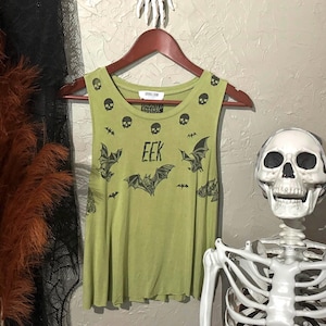 Creepy Cropped Green Tank with Handprinted Linocut Bats and Skulls. Upcycled, Lightweight and Comfy.