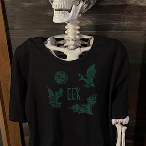Black Distressed T Shirt with Green Handprinted Bats