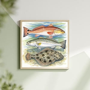 Redfish Speckled Trout Flounder Watercolor Print | Coastal Fish Digital Download | Fishing Wall Art | Inshore Slam Coastal Beach Art Fishing