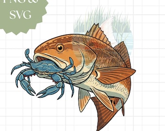Arte costero de un pez rojo comiendo cangrejo azul - Pesca PNG SVG (Descarga digital)