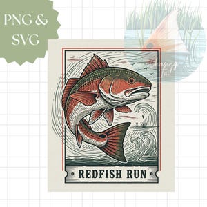 May include: A redfish illustration with a detailed design, featuring the text "Redfish Run" at the bottom. The image includes a red and white fish leaping through water, with a background of waves and birds. The words "PNG & SVG" are in the upper left corner.