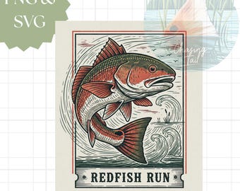 Vintage Redfish Run SVG PNG: Arte de pesca en agua salada (Descarga digital)