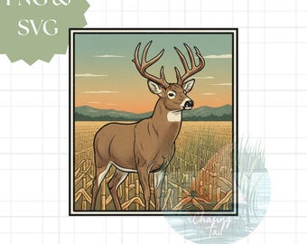 Ciervo en un maizal SVG PNG: Arte de caza de venado cola blanca (Descarga digital)