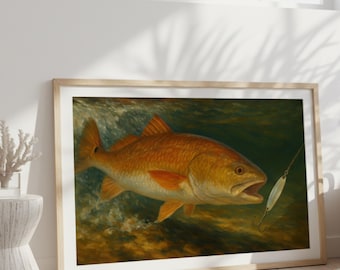 Impresión artística de acuarela de pez rojo: decoración vintage de pesca costera