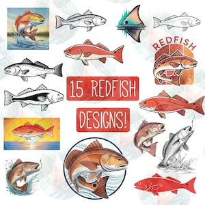 Redfish デジタルダウンロードバンドル | 15 種類の Redfish PNG PDF & SVG 釣りクリップアート | レッドドラムフィッシュデザイン | Redfish ロゴ | Redfish プリントアート