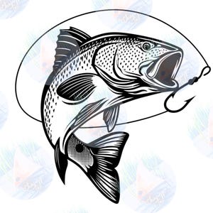 May include: Black and white illustration of a fish leaping upwards, mouth open, with a fishing hook and line. The fish is detailed with scales and fins, set against a white background. The design is suitable for fishing enthusiasts.