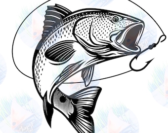 Diseño de logotipo de Redfish: Arte de pesca en blanco y negro (Descarga digital SVG/JPEG)