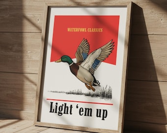 Lámina artística vintage de pato ánade real: decoración rústica para cabaña de caza.