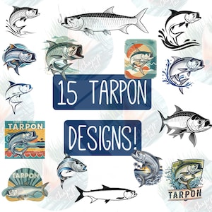 Tarpon Digital Download Bundle | 15 Tarpon PNG PDF & SVG Fishing Clipart | Tarpon Designs | Tarpon Logo | Tarpon Print Art | Tarpon Beach