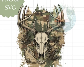 SVG de calavera de ciervo vintage: Diseño de logotipo de caza de camuflaje (descarga digital)