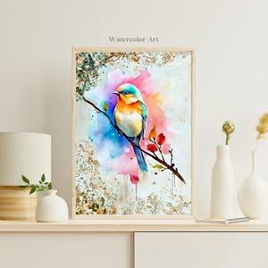 Colorful Watercolor Bird Wall Art – Vibrant Nature Printable | Modern Animal Art | Digital Download for Home & Nursery Decor