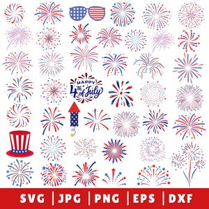 May include: A collection of red, white, and blue firework illustrations, including a top hat, star-patterned sunglasses, and a rocket. The text reads Happy 4th of July. The bottom banner displays the file formats SVG, JPG, PNG, EPS, and DXF.