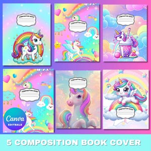 Könnte beinhalten: Fünf Einbandcover für Kompositionsbücher mit bunten Einhorn-Designs. Jedes Cover zeigt eine andere Einhorn-Illustration mit Regenbogen, Wolken und Herzen. Die Cover haben ein Pastellfarbschema und enthalten den Text "COMPOSITION BOOK". Der untere Teil des Bildes lautet "5 COMPOSITION BOOK COVER".