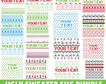 May include: A collection of colorful ugly sweater designs with text placeholders. The designs feature patterns of snowflakes, Christmas trees, stars, and reindeer. The phrase "YOUR TEXT" is displayed in red. The bottom of the image reads "UGLY SWEATER SVG BUNDLE".