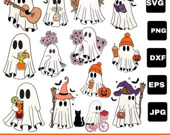 May include: A collection of cartoon ghost illustrations in various poses, including playing guitar, holding drinks, and wearing hats. The ghosts are white with black oval eyes, and the image includes the text "CUTE GHOST SVG BUNDLE."