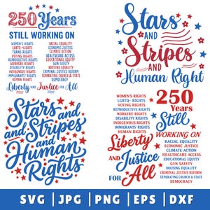 May include: A digital graphic design featuring red and blue text and stars. The text includes phrases like 250 Years Still Working On, Stars and Stripes and Human Rights, and Liberty and Justice for All, along with lists of various social rights.