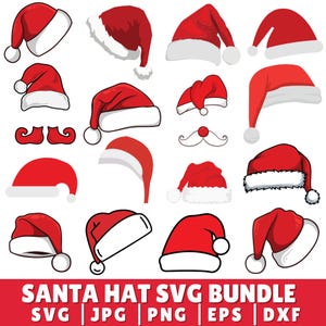 Könnte beinhalten: Eine Sammlung roter Weihnachtsmützen mit weißem Besatz und Bommeln sowie weitere weihnachtliche Elemente. Das Bild enthält verschiedene Hutstile, einen Schnurrbart und Elfen-Schuhe. Der Text unten lautet "SANTA HAT SVG BUNDLE".