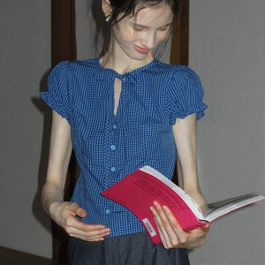 Blue Gingham Ruffle Sleeve Blouse