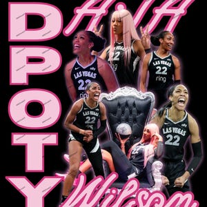 Puede incluir: Diseño gráfico con múltiples imágenes de una jugadora de baloncesto con uniforme blanco y negro con el número 22. El nombre "A'ja Wilson" está escrito en rosa en cursiva, junto con las letras "DPOTY" en rosa en letras de imprenta. El fondo es negro.