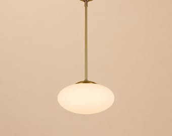 Handmade Opal Glass Globe Pendant Light, Mid Century Brass Ceiling Lamp, Adjustable Rod Hanging Light, Kitchen Island Fixture