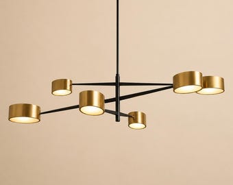 Czarny mosiężny żyrandol liniowy w stylu mid-century modern, 6-punktowa lampa wisząca w kształcie bębna