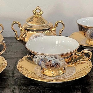 Antique Bavaria Gold Gilt Porcelain Serving Set, Classical Scene Tea Ware,  Elegant Table Display Collection (10 Piece)