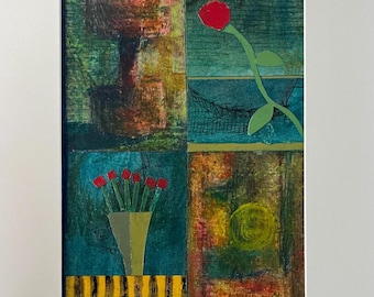 Original Mixed Media Floral Collage Art- Textured Abstract Garden Wall Art -Matted Original Artwork