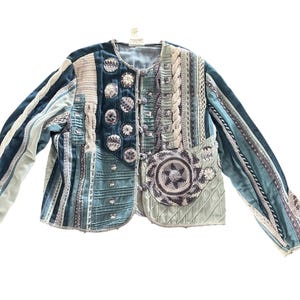 Coldwater Creek Patchwork Crochet Jacket – Vintage 1990s Boho Textile Art Jacket – Mixed Fabric Fiber Art Coat – Size Medium