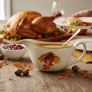 May include: A Thanksgiving dinner scene with a roasted turkey, rolls, cranberry sauce, and gravy. A white gravy boat with a fall leaf design and a spoon is in the foreground. A person is holding a plate of turkey slices.
