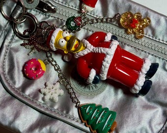 Santa Homer Simpson Bag Charm • Christmas Simpsons Keychain • Holiday Donut Charm • Milk and Cookies