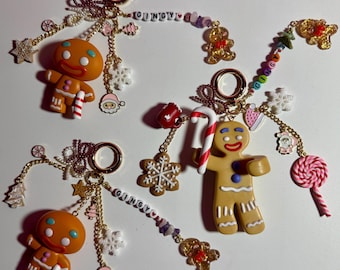Gingerbread Man Bag Charm | Christmas Keychain w/ Candy Cane, Gingy Beads & Holiday Details