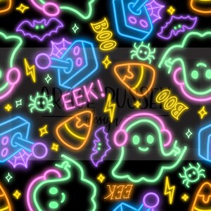 May include: A seamless pattern featuring neon-style Halloween graphics on a black background. The design includes bats, spiders, ghosts, candy corn, lightning bolts, and the words "BOO" and "REEK!" in bright colors.