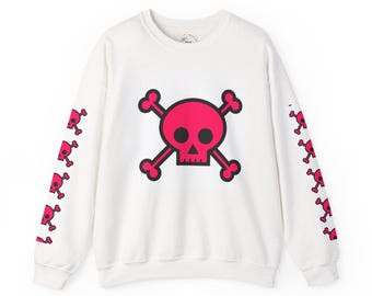 Pink Skull Pattern Crewneck Sweatshirt | Skull Crossbones Sleeve Print