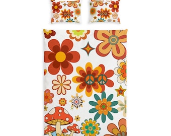 Funda nórdica retro con estampado floral y setas