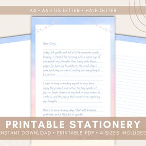 Könnte beinhalten: Druckbares Briefpapier-Set mit einem sanften Pastell-Aquarelldesign. Das Set enthält liniertes Papier mit einem Tagebucheintrag und leere Seiten. Der Text auf dem Briefpapier lautet "Printable Stationery" und "Instant Download".