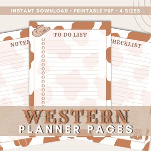 May include: Three printable planner pages featuring a brown and white cow print border. Each page includes horizontal lines for writing, a small cowboy hat illustration, and the headings NOTES, TO DO LIST, and CHECKLIST in brown serif font.