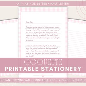 May include: Printable stationery set with a pink gingham border. The set includes lined and unlined pages, with the text "Dear Diary" and a sample diary entry. The words "Coquette Printable Stationery" are also visible.