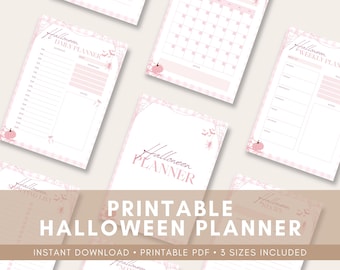 May include: A collection of printable Halloween planners in various formats, including daily, weekly, and calendar layouts. The designs feature a soft pink color scheme with spiderweb and pumpkin accents. The text "Halloween Planner" is prominently displayed.