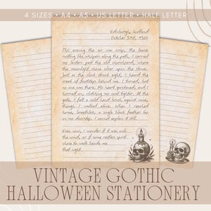 Puede incluir: Juego de papelería gótica vintage de Halloween con papel envejecido, texto manuscrito, ilustraciones de calaveras y el texto "VINTAGE GOTHIC HALLOWEEN STATIONERY". Incluye tamaños A4, A5, US Letter y Half Letter.