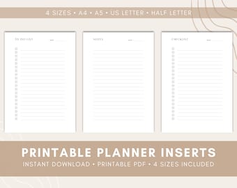 Printable Planner Pages, Printable To Do List, Checklist, Notes, Planner Inserts, Minimalist Productivity Inserts, Simple Elegant Design