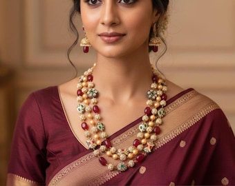 Mehrlagige indische Halsketten-Set mit Ohrringen, viktorianische lange Halskette, Brautschmuck Set, Statement, Multi-Layer-Halskette, Hochzeitsschmuck