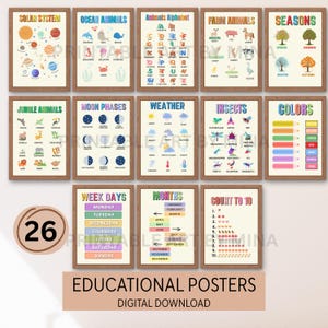 26 Educational Posters Set: ABC Alphabet, Numbers, Shapes - Playroom Homeschool Decor (Digital Download)