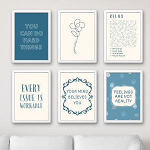 Set of 6 Mental Health Wall Art Prints – Blue Gallery Collection for Therapy Office Decor, Inspirational Quote Printables for Motivation