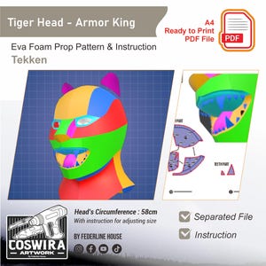 Pode incluir: Um padrão e instruções de adereço de espuma EVA Tiger Head - Armor King. O design apresenta uma cabeça segmentada com uma circunferência de 58 cm, pronta para impressão. Inclui arquivos e instruções separadas.
